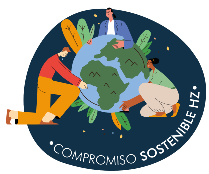 Ilustración de tres personas tocando el planeta tierra con una frase que dice Compromiso Sostenible HZ