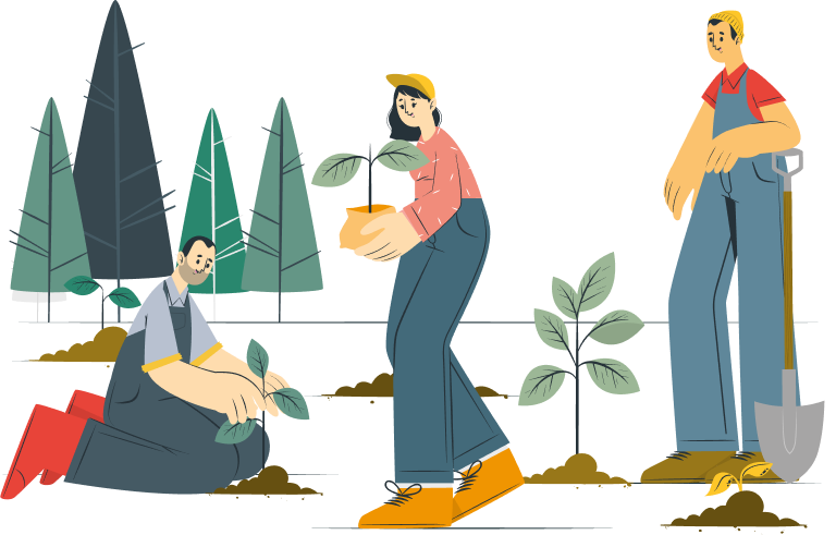 En la imagen se muestra una ilustración animada de un grupo de jardineros plantando arboles.