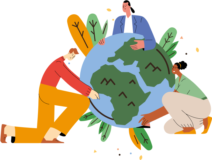 En la imagen se muestra una ilustración animada de un grupo de personas abrazando el planeta tierra.
