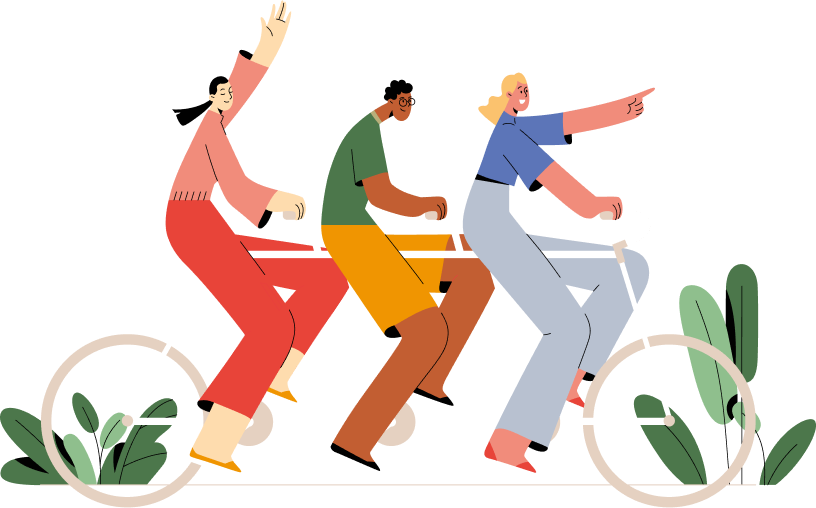 En la imagen se muestra una ilustración animada de un grupo de personas en bicicleta.