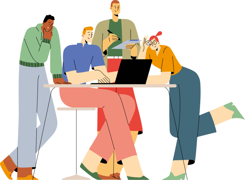 En la imagen se muestra una ilustración animada de un grupo de personas trabajando.
